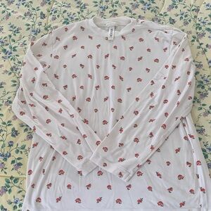 SKIMS White Long Sleeve Shirt with Red Floral Pattern